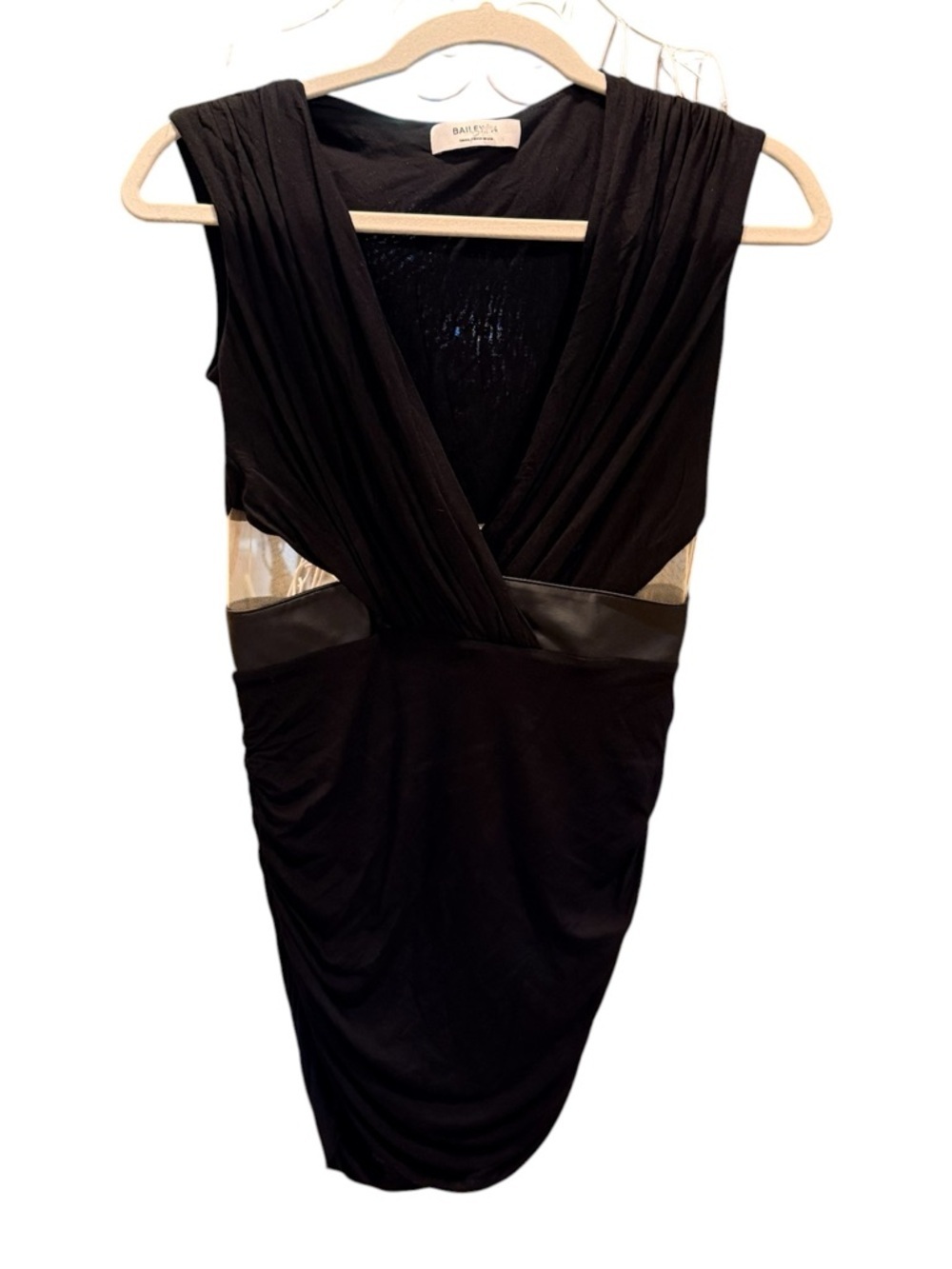 Bailey 44 Black Mesh Cutout Faux Leather Ruched Bodycon Mini Dress Small - Picture 1 of 5